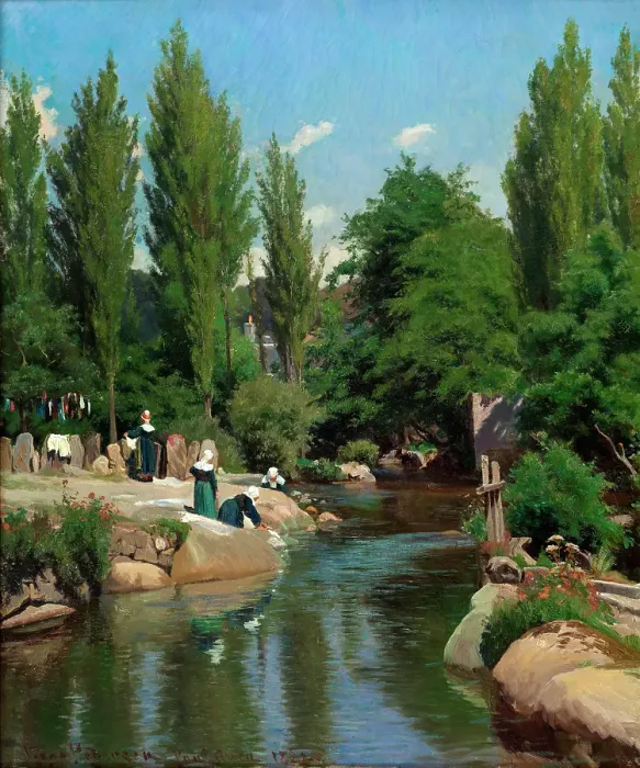 Framed Print : Washing clothes by a creek in Brittany, 1882. Creator: Viggo Christian Frederik Vilhelm Pedersen Framed Print : Washing clothes by a creek in Brittany, 1882. Creator: Viggo Christian Frederik Vilhelm Pedersen