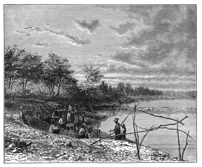 Framed Print : Washing sand for diamonds on the banks of the Vaal River, South Africa, c1890 Framed Print : Washing sand for diamonds on the banks of the Vaal River, South Africa, c1890