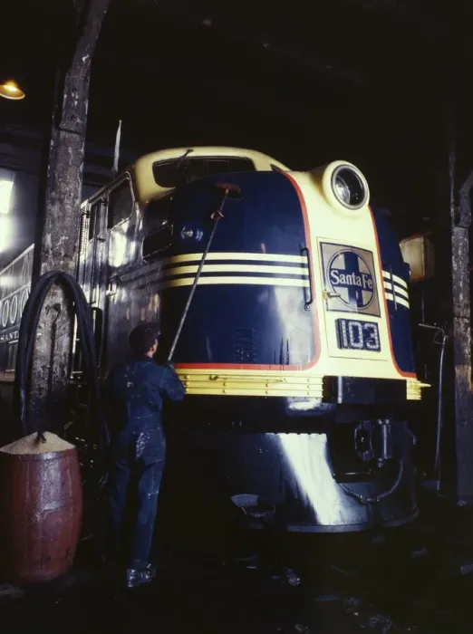 Framed Print : Washing one of the Santa Fe R.R. 54 hundred horse power diesel freight... Argentine, Kansas, 1943. Creator: Jack Delano Framed Print : Washing one of the Santa Fe R.R. 54 hundred horse power diesel freight... Argentine, Kansas, 1943. Creator: Jack Delano