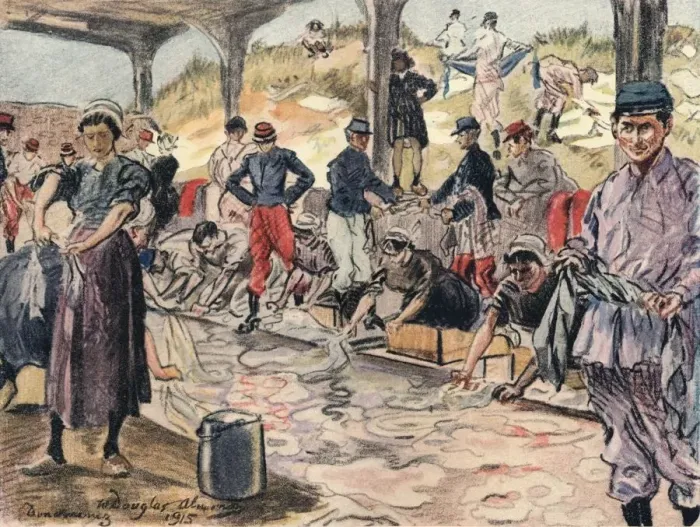 Framed Print : Washing for the Soldiers, Douarnenex, 1915. Artist: William Douglas Almond Framed Print : Washing for the Soldiers, Douarnenex, 1915. Artist: William Douglas Almond