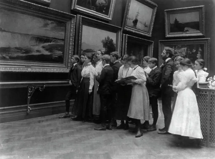 Framed Print : Washington, D.C. - High school students from 2nd Division studying paintings in art gallery, (1899?) Creator: Frances Benjamin Johnston Framed Print : Washington, D.C. - High school students from 2nd Division studying paintings in art gallery, (1899?) Creator: Frances Benjamin Johnston
