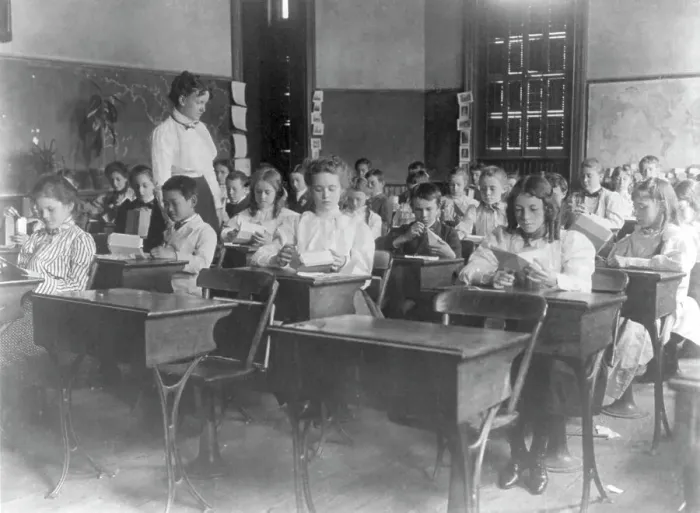Framed Print : Washington, D.C. public schools, 1st Div. - class making geometric forms with paper, (1899?). Creator: Frances Benjamin Johnston Framed Print : Washington, D.C. public schools, 1st Div. - class making geometric forms with paper, (1899?). Creator: Frances Benjamin Johnston