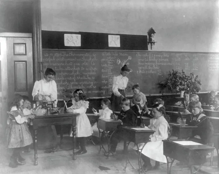 Framed Print : Washington, D.C. public schools, 1st Division - class studying thermometers, (1899?). Creator: Frances Benjamin Johnston Framed Print : Washington, D.C. public schools, 1st Division - class studying thermometers, (1899?). Creator: Frances Benjamin Johnston
