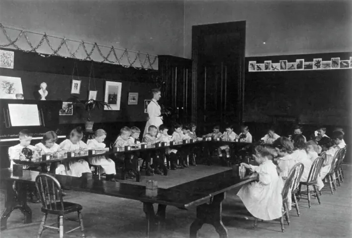 Framed Print : Washington, D.C. public schools - 5th Division class playing with blocks, (1899?). Creator: Frances Benjamin Johnston Framed Print : Washington, D.C. public schools - 5th Division class playing with blocks, (1899?). Creator: Frances Benjamin Johnston