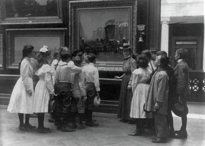 Framed Print : Washington, D.C. public schools - art gallery field trip - viewing painting, (1899?). Creator: Frances Benjamin Johnston Framed Print : Washington, D.C. public schools - art gallery field trip - viewing painting, (1899?). Creator: Frances Benjamin Johnston