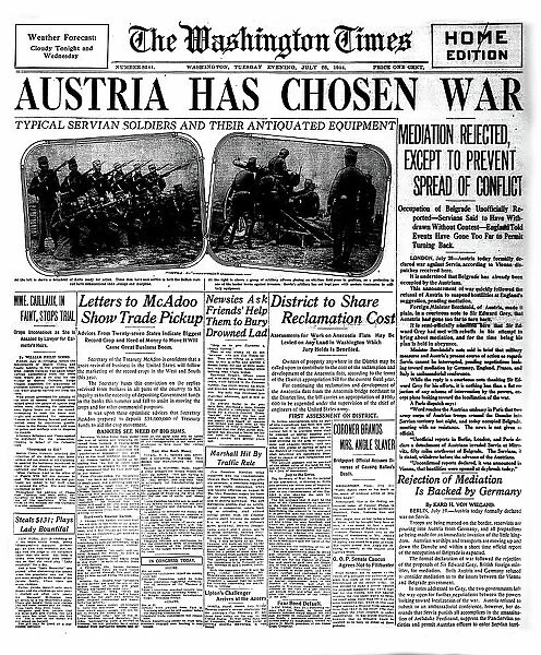 The Washington Times Front Page from July 28th, 1914: 'Austria has chosen war', 1914. Creator: Historic Object. The Washington Times Front Page from July 28th, 1914: 'Austria has chosen war', 1914. Creator: Historic Object