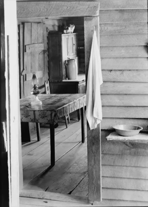 Framed Print : Washstand in the dog run and kitchen of Floyd Burroughs cabin, Hale County, Alabama, 1936. Creator: Walker Evans Framed Print : Washstand in the dog run and kitchen of Floyd Burroughs cabin, Hale County, Alabama, 1936. Creator: Walker Evans