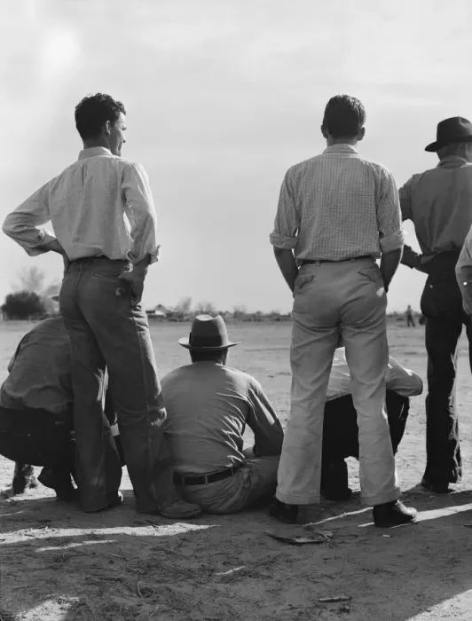 Framed Print : Watching ball game, Shafter camp for migrants, California, 1939. Creator: Dorothea Lange Framed Print : Watching ball game, Shafter camp for migrants, California, 1939. Creator: Dorothea Lange