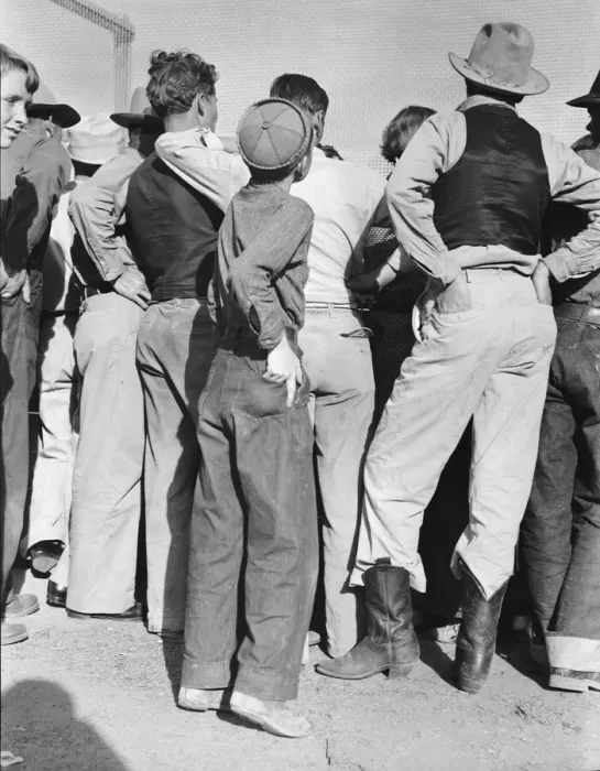 Framed Print : Watching ball game, Shafter migrant camp, California, 1938. Creator: Dorothea Lange Framed Print : Watching ball game, Shafter migrant camp, California, 1938. Creator: Dorothea Lange
