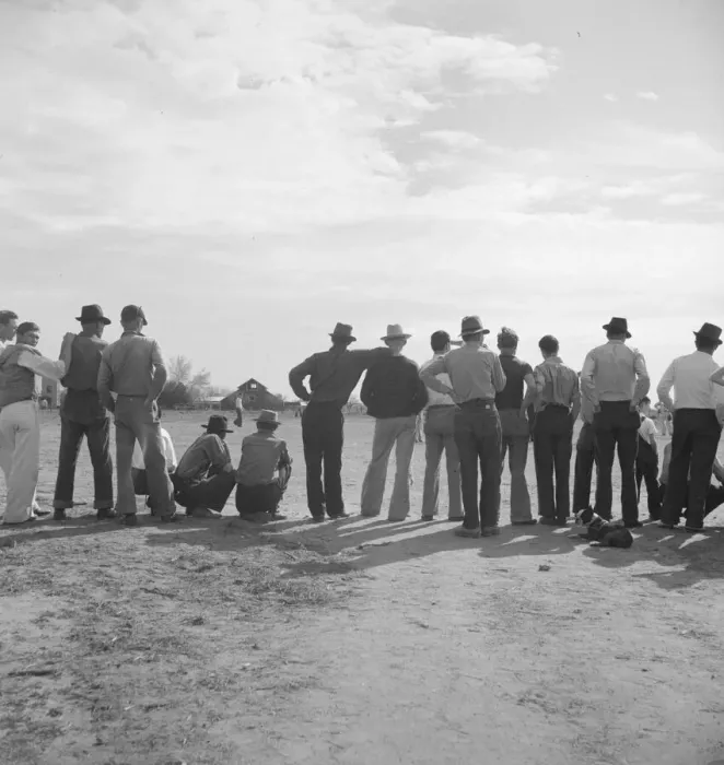 Framed Print : Watching ball game, Shafter migrant camp, California, 1938. Creator: Dorothea Lange Framed Print : Watching ball game, Shafter migrant camp, California, 1938. Creator: Dorothea Lange