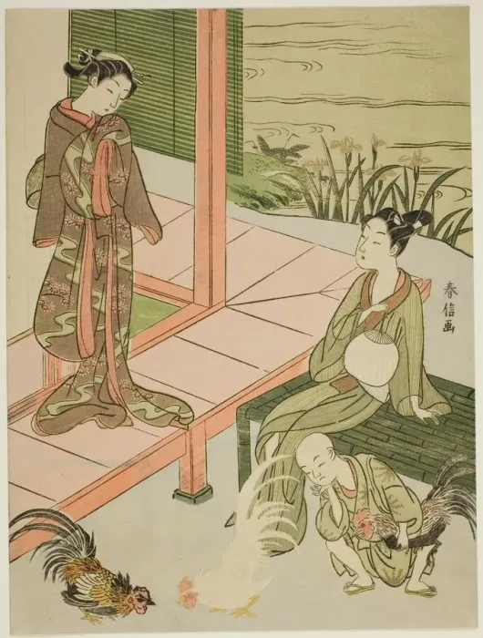 Framed Print : Watching a Cockfight at the Edge of the Veranda, c. 1767 / 68. Creator: Suzuki Harunobu Framed Print : Watching a Cockfight at the Edge of the Veranda, c. 1767 / 68. Creator: Suzuki Harunobu
