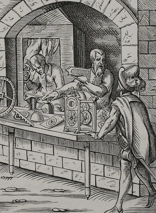 Framed Print : Watchmaker workshop, 16th century (1877). Creator: Jost Ammon Framed Print : Watchmaker workshop, 16th century (1877). Creator: Jost Ammon
