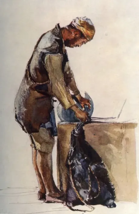 Framed Print : Water-Carrier Filling Skin, Jerusalem, 1902. Creator: John Fulleylove
