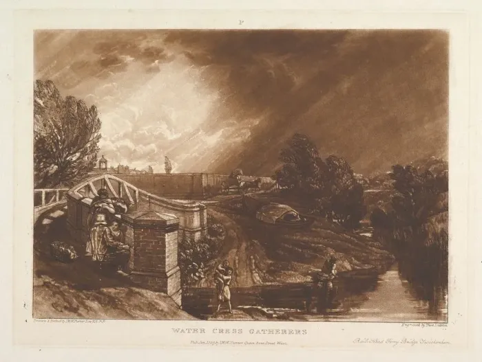 Framed Print : Water Cress Gatherers, Rails Head Ferry Bridge, Twickenham (Liber Studiorum, pa Framed Print : Water Cress Gatherers, Rails Head Ferry Bridge, Twickenham (Liber Studiorum, pa