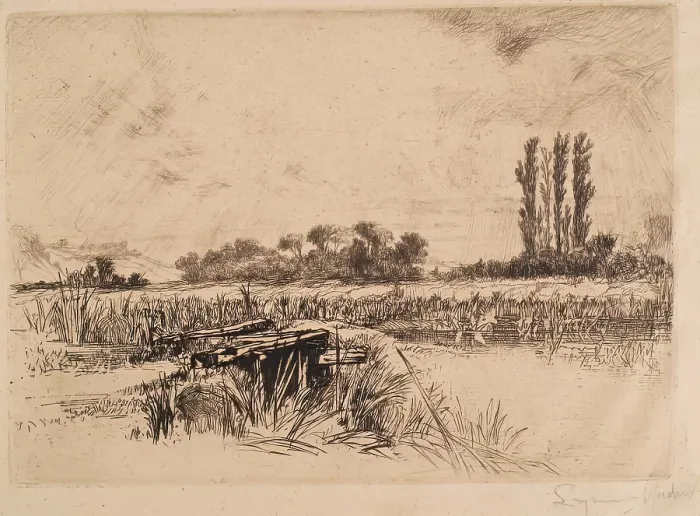 Framed Print : Water Meadows, c1859. Creator: Francis Seymour Haden Framed Print : Water Meadows, c1859. Creator: Francis Seymour Haden