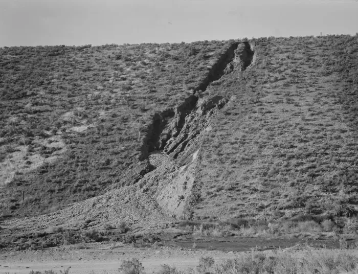 Framed Print : Water seepage from newly irrigated land on top of bench, eroding sides, Dead Ox Flat, Oregon, 1939. Creator: Dorothea Lange Framed Print : Water seepage from newly irrigated land on top of bench, eroding sides, Dead Ox Flat, Oregon, 1939. Creator: Dorothea Lange