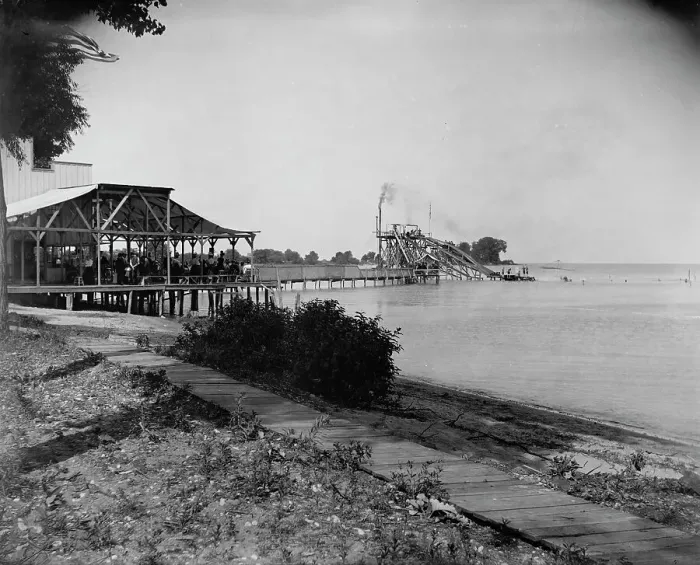 Framed Print : Water toboggan, Put-in-Bay, Ohio, between 1880 and 1899. Creator: Unknown Framed Print : Water toboggan, Put-in-Bay, Ohio, between 1880 and 1899. Creator: Unknown
