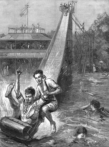 'Water - Tobogganing- A novel Amusement; after Sydney P. Hall, 1890. Creator: Unknown
