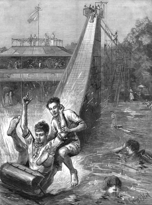 Framed Print : Water - Tobogganing- A novel Amusement; after Sydney P. Hall, 1890. Creator: Unknown Framed Print : Water - Tobogganing- A novel Amusement; after Sydney P. Hall, 1890. Creator: Unknown