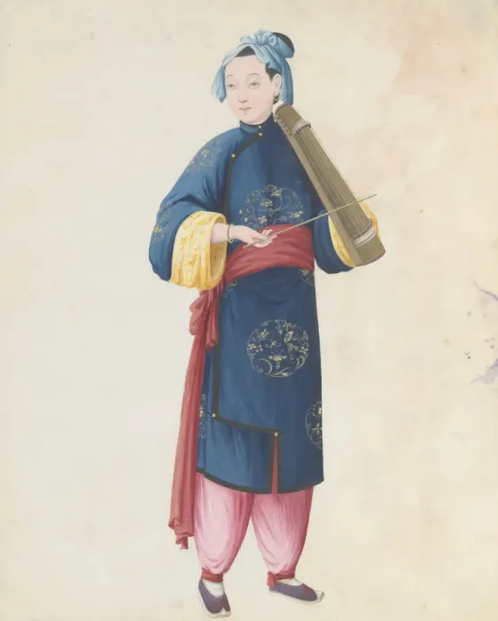 Framed Print : Watercolour of musician playing bowed qin(?), late 18th century. Creator: Unknown Framed Print : Watercolour of musician playing bowed qin(?), late 18th century. Creator: Unknown