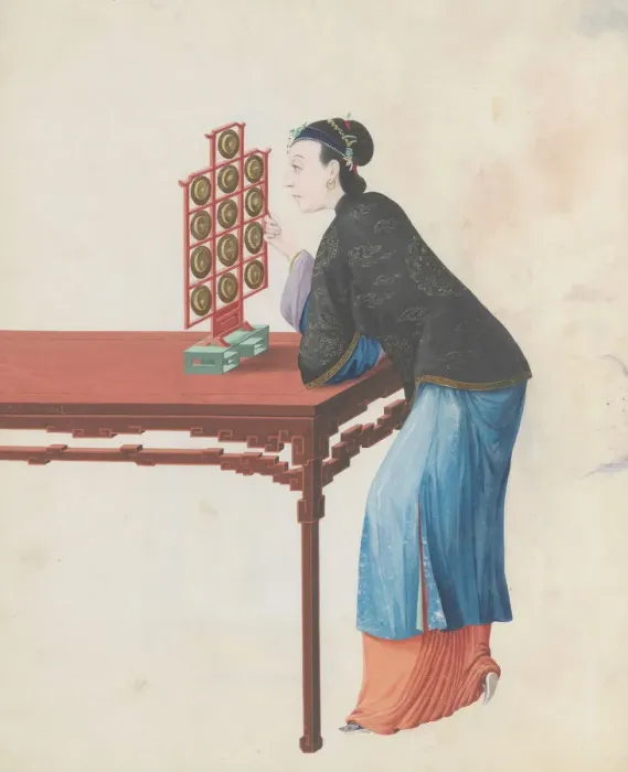 Framed Print : Watercolour of musician playing yunluo, late 18th century. Creator: Unknown Framed Print : Watercolour of musician playing yunluo, late 18th century. Creator: Unknown