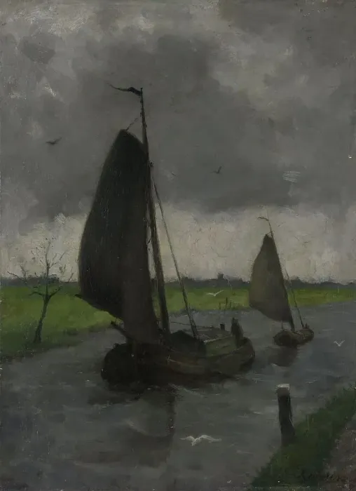 Framed Print : Watercourse with Sail Barges, 1885-1912. Creator: Johann Eduard Karsen Framed Print : Watercourse with Sail Barges, 1885-1912. Creator: Johann Eduard Karsen