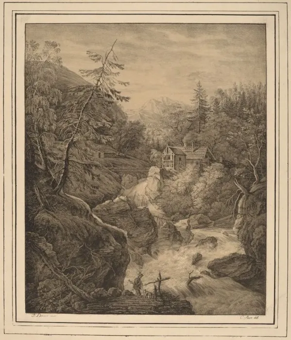 Framed Print : Waterfall, 1820s. Creators: Kaspar Auer, Johann Jakob Dorner Framed Print : Waterfall, 1820s. Creators: Kaspar Auer, Johann Jakob Dorner