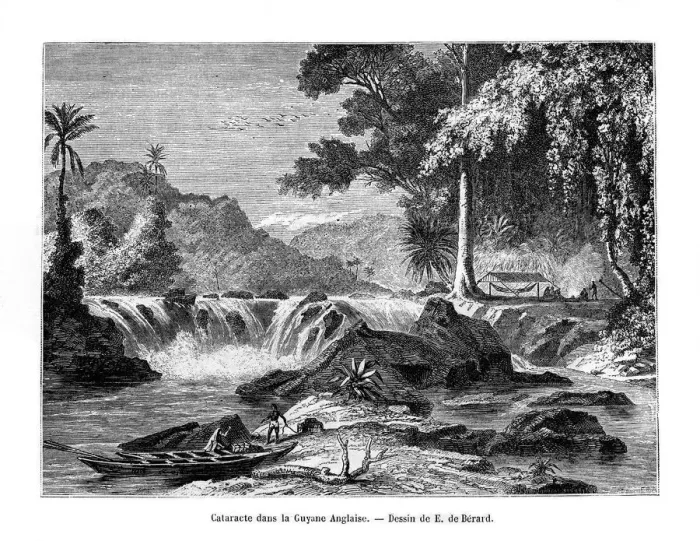 Framed Print : Waterfall, British Guiana, South America, 19th century. Artist: E de Berard Framed Print : Waterfall, British Guiana, South America, 19th century. Artist: E de Berard