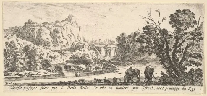 Framed Print : A waterfall descending from the mountains in the center background, various animals an Framed Print : A waterfall descending from the mountains in the center background, various animals an