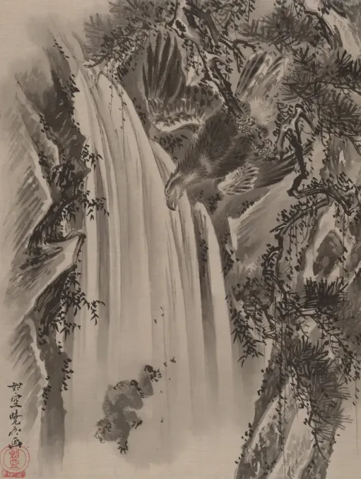 Framed Print : Waterfall, Eagle and Monkey, ca. 1887. Creator: Kawanabe Kyosai