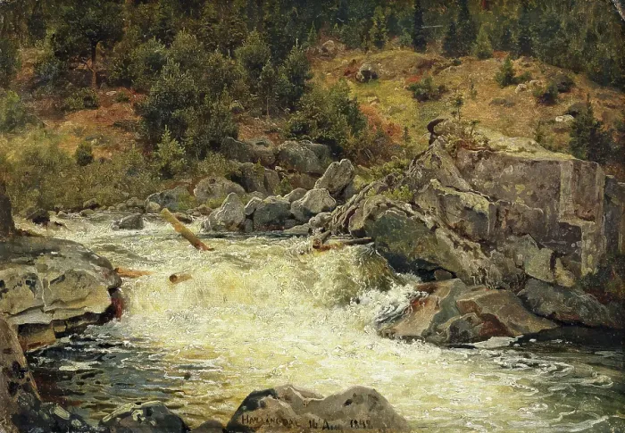 Framed Print : Waterfall in Hallingdal, 1848. Creator: Hans Gude Framed Print : Waterfall in Hallingdal, 1848. Creator: Hans Gude