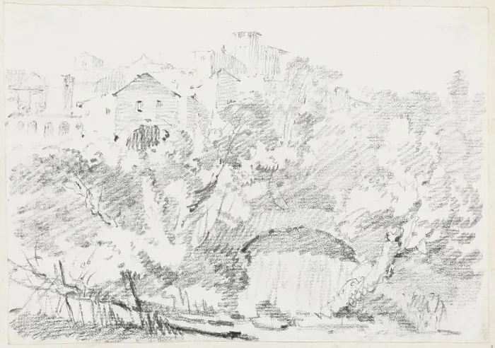Framed Print : A Waterfall near a Hilltown in Italy, 1744 / 1750. Creator: Joseph-Marie Vien the Elder Framed Print : A Waterfall near a Hilltown in Italy, 1744 / 1750. Creator: Joseph-Marie Vien the Elder