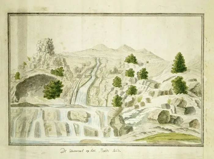 Framed Print : The waterfall at the Roodezand valley, near Tulbagh, 1778-1779. Creators: Robert Jacob Gordon, Johannes Schumacher Framed Print : The waterfall at the Roodezand valley, near Tulbagh, 1778-1779. Creators: Robert Jacob Gordon, Johannes Schumacher