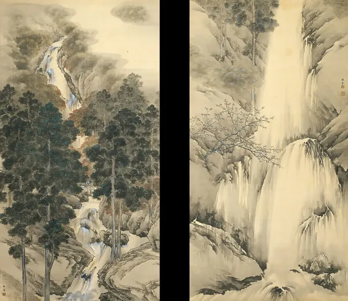 Framed Print : Waterfall in Spring and Autumn (Set of two hanging scrolls), 1893. Artist: Chikudo, Kishi (1826-1897) Framed Print : Waterfall in Spring and Autumn (Set of two hanging scrolls), 1893. Artist: Chikudo, Kishi (1826-1897)