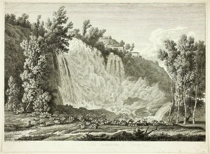 Framed Print : Waterfall Above Tivoli, from Malerisch radirte Prospecte aus Italien, 1792. Creator: Albert Christoph Dies Framed Print : Waterfall Above Tivoli, from Malerisch radirte Prospecte aus Italien, 1792. Creator: Albert Christoph Dies