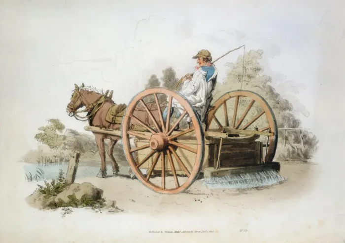 Framed Print : Watering cart for keeping down dust on roads, 1808. Artist: William Henry Pyne Framed Print : Watering cart for keeping down dust on roads, 1808. Artist: William Henry Pyne