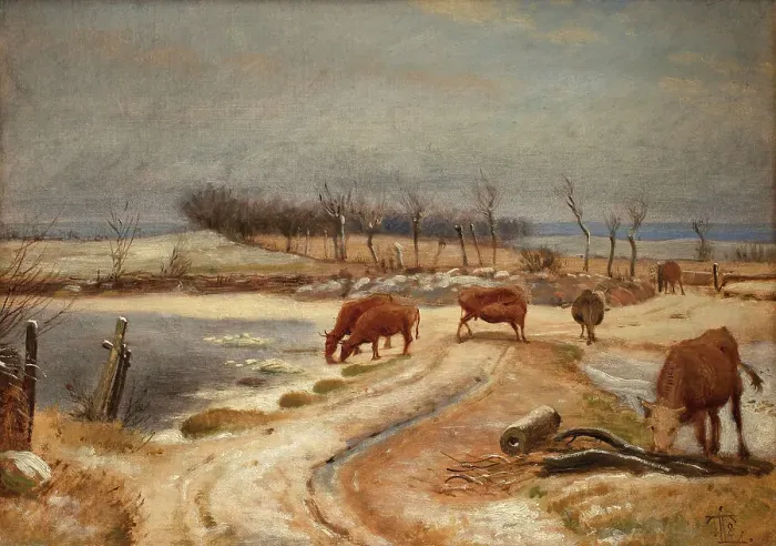 Framed Print : Watering the Cattle on a Winter's Day, 1848. Creator: Johan Thomas Lundbye