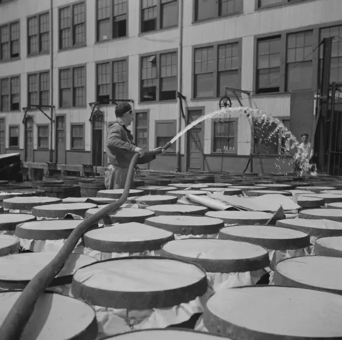 Framed Print : Watering fish at the Fulton fish market with brine water, New York, 1943. Creator: Gordon Parks Framed Print : Watering fish at the Fulton fish market with brine water, New York, 1943. Creator: Gordon Parks