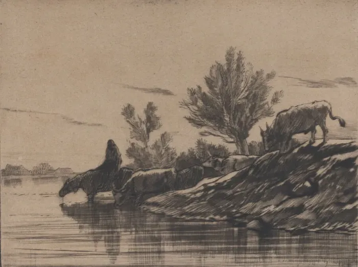Framed Print : The Watering Hole, 1848. Creator: Charles Emile Jacque Framed Print : The Watering Hole, 1848. Creator: Charles Emile Jacque