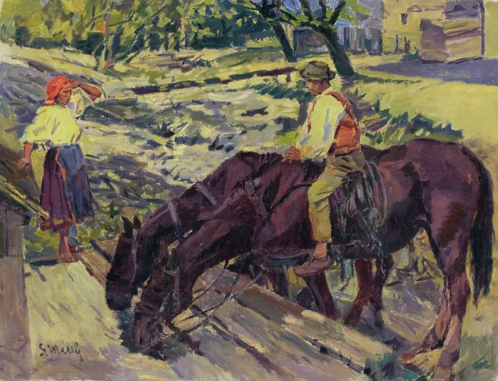 Framed Print : Watering Horses, 1949. Creator: Gustav Mally Framed Print : Watering Horses, 1949. Creator: Gustav Mally