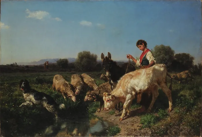Framed Print : At the watering place. Pastoral scene. Midday. Group of goats and children, 1867. Creator: Palizzi, Filippo (1818-1899) Framed Print : At the watering place. Pastoral scene. Midday. Group of goats and children, 1867. Creator: Palizzi, Filippo (1818-1899)