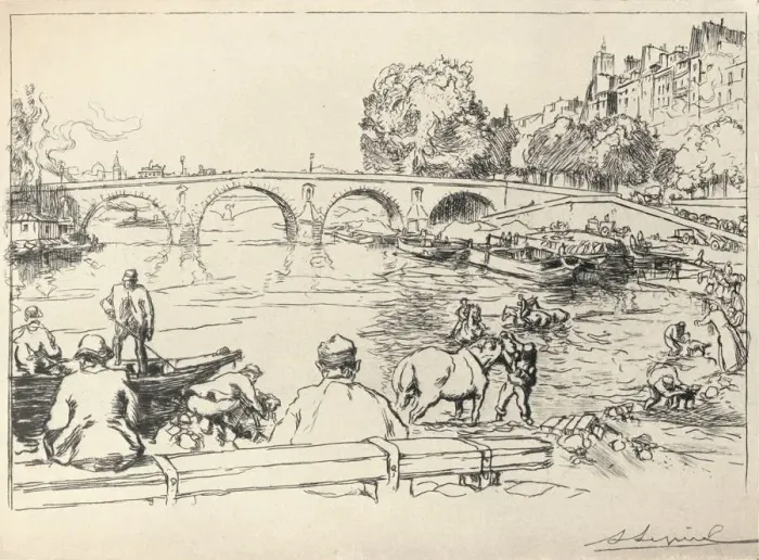 Framed Print : The Watering Place at the Pont Marie, 1915. Artist: Auguste Lepere Framed Print : The Watering Place at the Pont Marie, 1915. Artist: Auguste Lepere