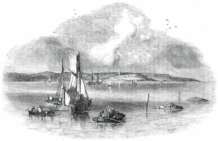 Framed Print : Watering-Places of Devon - Exmouth, from Starcross, 1850. Creators: Birket Foster, Edmund Evans Framed Print : Watering-Places of Devon - Exmouth, from Starcross, 1850. Creators: Birket Foster, Edmund Evans