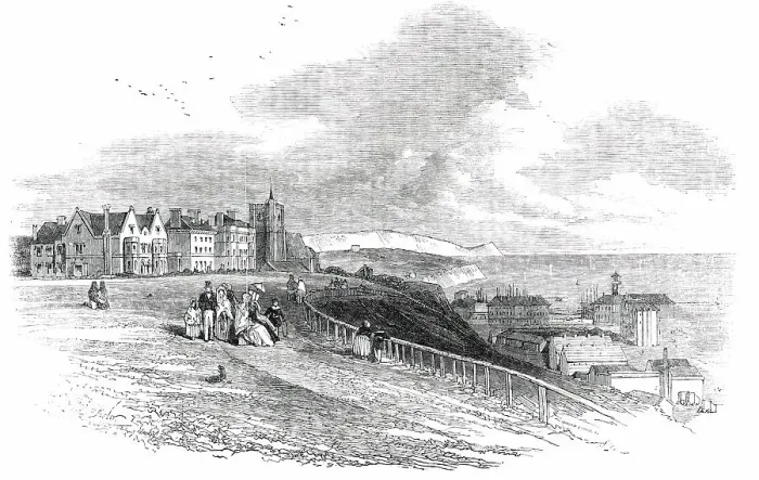 Framed Print : Watering-Places of England - Folkestone, Kent, 1850. Creator: Edmund Evans Framed Print : Watering-Places of England - Folkestone, Kent, 1850. Creator: Edmund Evans