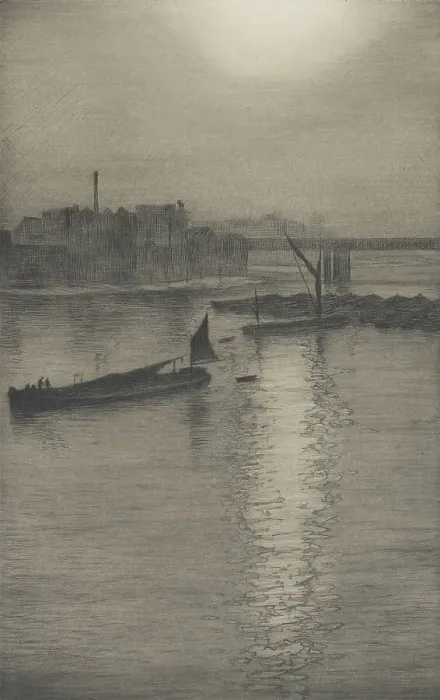 Framed Print : From Waterloo Bridge: Sun bursting through fog, c. 1924-27. Creator: CRW Nevinson Framed Print : From Waterloo Bridge: Sun bursting through fog, c. 1924-27. Creator: CRW Nevinson