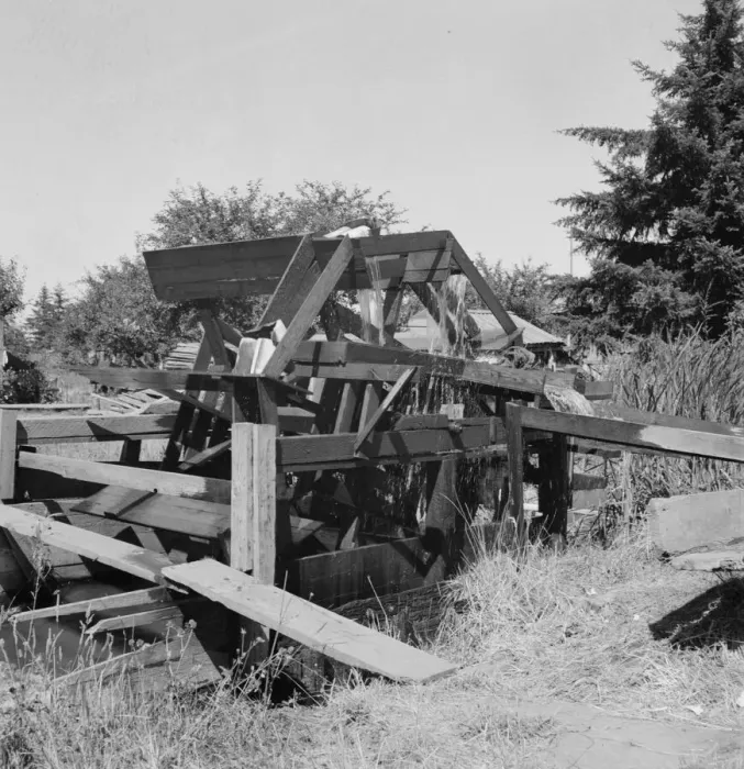Framed Print : Waterwheel for field irrigation in the bean... north of West Stayton, Marion County, Oregon, 1939. Creator: Dorothea Lange Framed Print : Waterwheel for field irrigation in the bean... north of West Stayton, Marion County, Oregon, 1939. Creator: Dorothea Lange