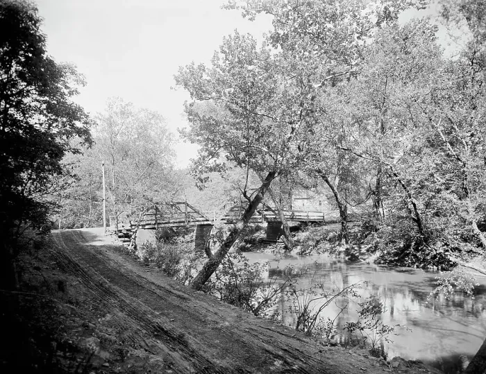 Framed Print : Waterworks bridge on the Swannanoa, Asheville, N.C. between 1895 and 1910. Creator: Unknown Framed Print : Waterworks bridge on the Swannanoa, Asheville, N.C. between 1895 and 1910. Creator: Unknown