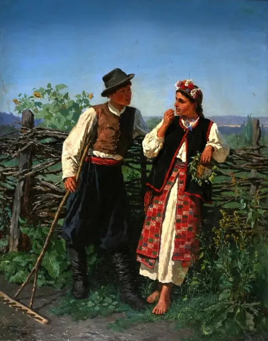 Framed Print : At the Wattle-fence, 1863. Artist: Trutovsky, Konstantin Alexandrovich (1826-1893) Framed Print : At the Wattle-fence, 1863. Artist: Trutovsky, Konstantin Alexandrovich (1826-1893)