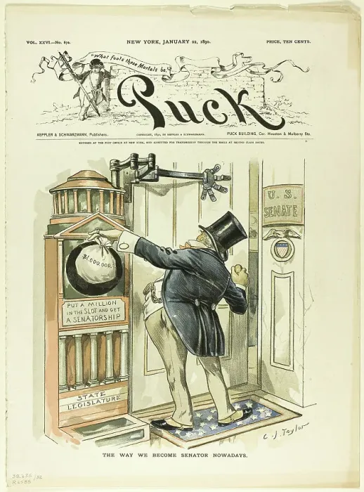 Framed Print : The Way We Become Senators Nowadays, from Puck, 1890. Creator: Charles Jay Taylor Framed Print : The Way We Become Senators Nowadays, from Puck, 1890. Creator: Charles Jay Taylor