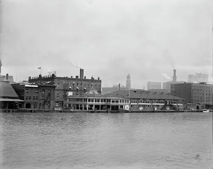 Framed Print : Wayne Hotel and Pavilion from the river, Detroit, Mich. between 1900 and 1915. Creator: William H. Jackson